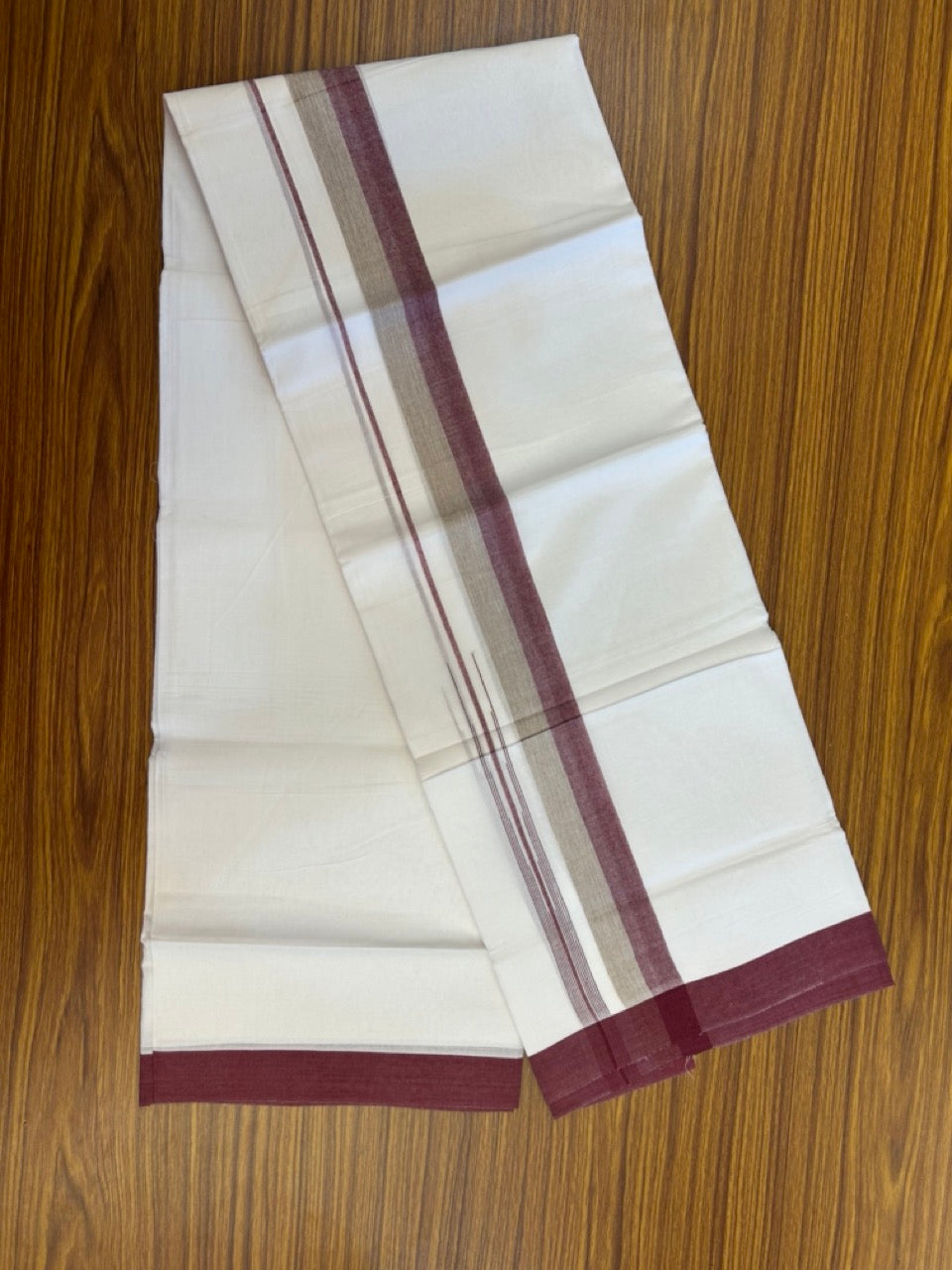 20% Discount ! Kaitharikada Balaramapuram 100% Pure Cotton Double Pure White Mundu/Dhoti - 100x80 - 1.5 inch Maroon & Sage Green shaded striped chutty 3.90 mtr (8.5 muzham) - 84 KK5287 PMC