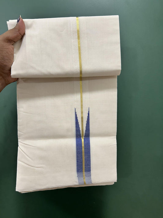 Short Dhoti Special! Double Off White(Unbleached) Dhoti 25% Discount! KaithariKada Handloom Unakkupaav - Kerala Handloom - 100% Pure Cotton 100x80- 46 inches Height 1 inch Dark Blue & Gold Kasav Puliyilakkara Chutty 3.60 mtr (8 muzham)- 5 KK5462 REA
