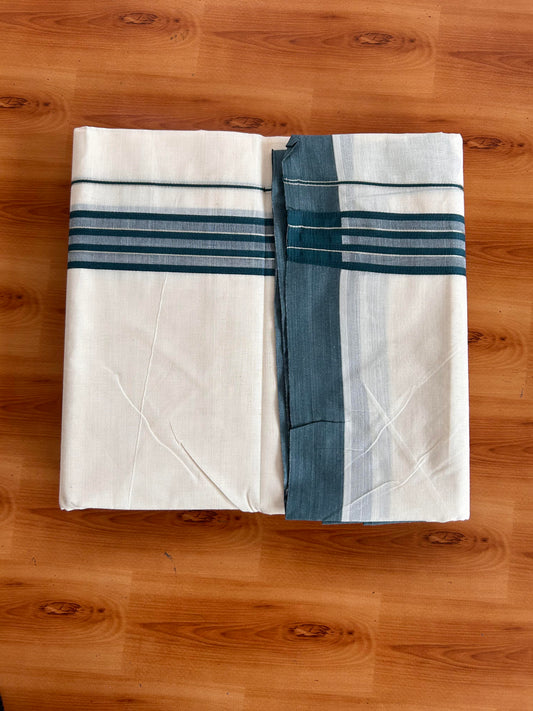 Double Off White (Unbleached) Mundu/Dhoti - 20% Discount! Kaitharikada 100% Pure Cotton - 100x80 - 1.5 inch Silver Kasav & Dark Green striped shaded Kara 4 mtr (8.5 muzham) - 22 KK5540 PMC