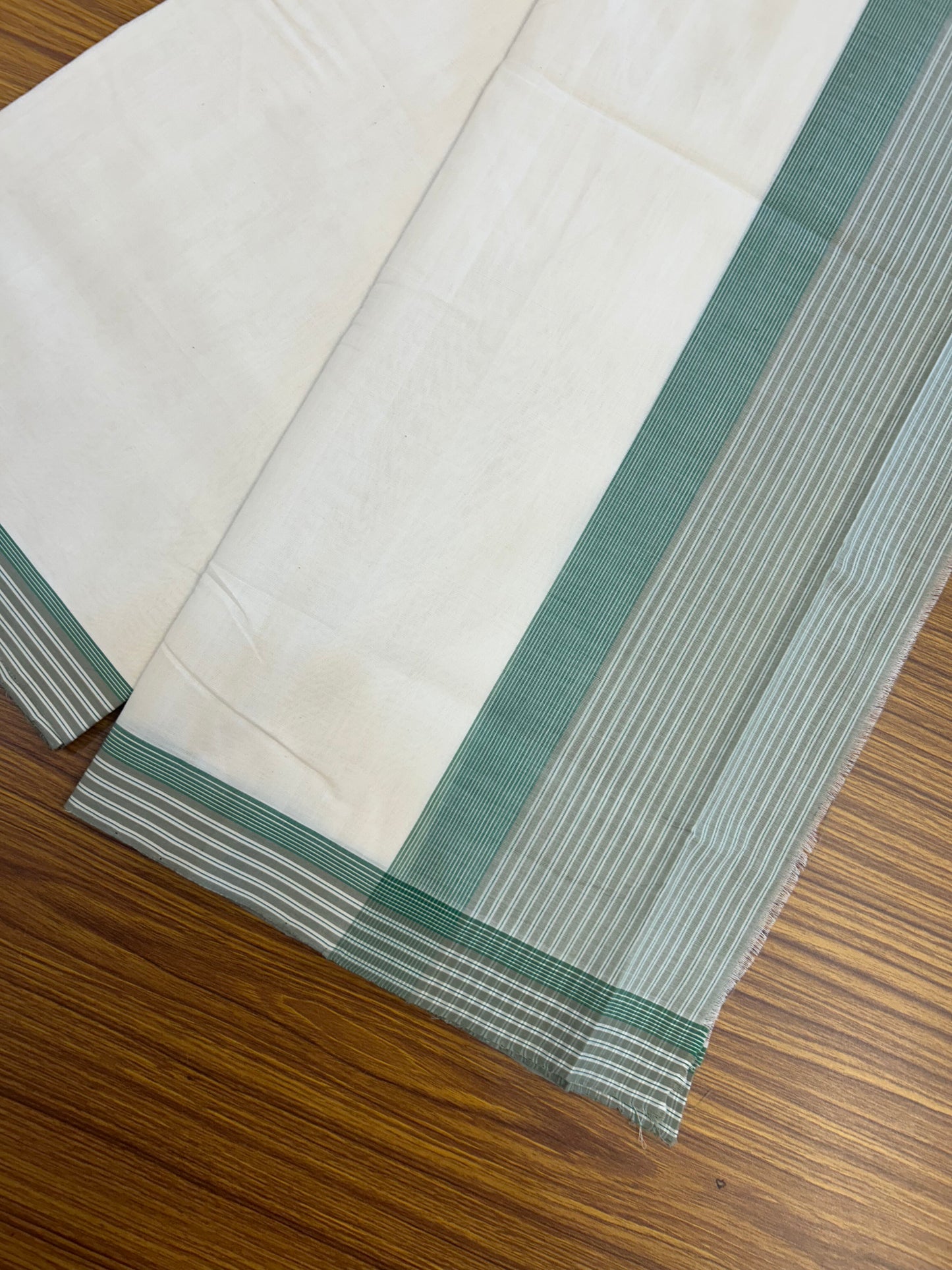 25% Discount!! KaithariKada Handloom Unakkupaav - Kerala Handloom - 100% Pure Cotton Off White (Unbleached) Double Mundu/Dothi - 100x80 - 4.5 inch Sage Green & Green Stripes Kara 3.80 mtr (8 muzham) - 23 KK5353 REA