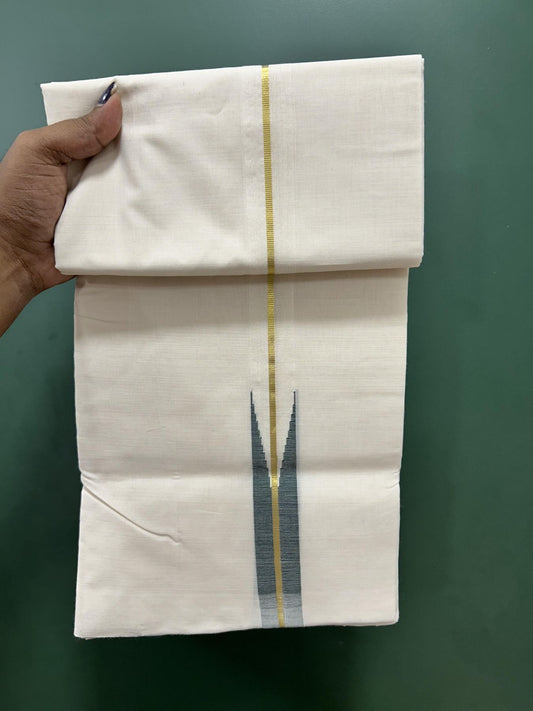 Short Dhoti Special! Double Off White(Unbleached) Dhoti 25% Discount! KaithariKada Handloom Unakkupaav - Kerala Handloom - 100% Pure Cotton 100x80- 46 inches Height 1 inch Green & Gold Kasav Puliyilakkara Chutty 3.60 mtr (8 muzham)- 6 KK5462 REA