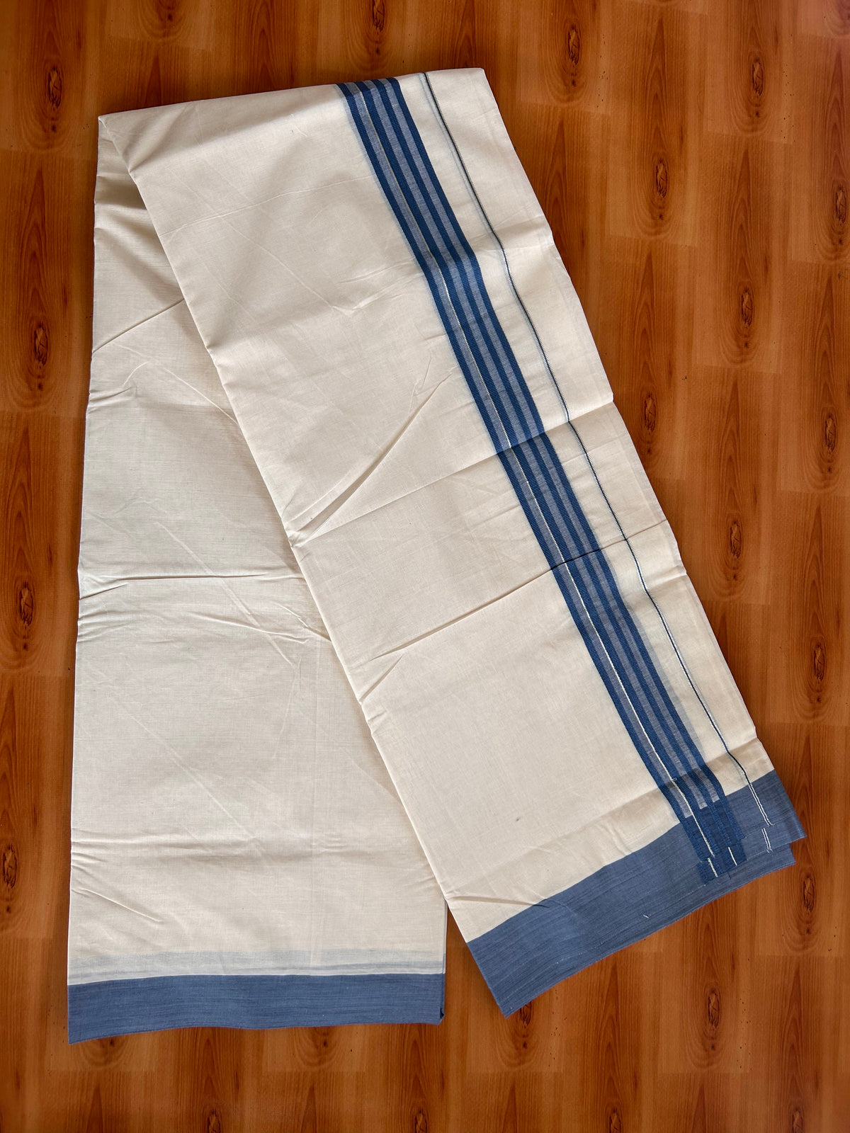 Double Off White (Unbleached) Mundu/Dhoti - 20% Discount! Kaitharikada 100% Pure Cotton - 100x80 - 1.5 inch Silver Kasav & Purssian Blue striped shaded Kara 4 mtr (8.5 muzham) - 23 KK5540 PMC