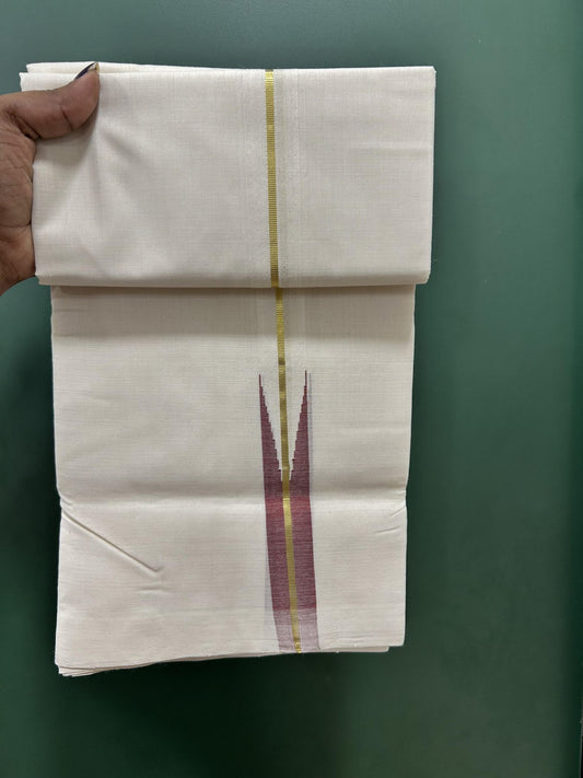 Short Dhoti Special! Double Off White(Unbleached) Dhoti 25% Discount! KaithariKada Handloom Unakkupaav - Kerala Handloom - 100% Pure Cotton 100x80- 46 inches Height 1 inch Maroon Shaded & Gold Kasav Puliyilakkara Chutty 3.60 mtr (8 muzham)- 7 KK5462 REA
