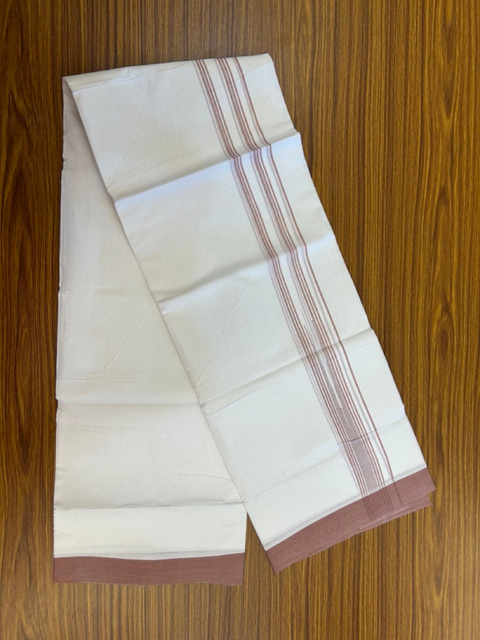 20% Discount ! Kaitharikada Balaramapuram 100% Pure Cotton Double Pure White Mundu/Dhoti - 100x80 - 1.25 inch Dusty Rose striped chutty 3.90 mtr (8.5 muzham) - 72 KK5287 PMC