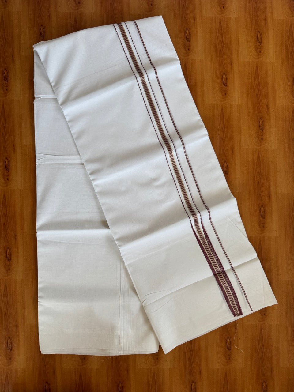 Double Pure White Mundu/Dhoti - 20% Discount !! KaithariKada Balaramapuram 100% Cotton - 100x80 - 0.75 inch Puliyilakkara Silver Kasav & Dark Dusty Pink Shaded Chutty Kara 3.90 mtr (8 muzham) - 17 KK5505 VAS