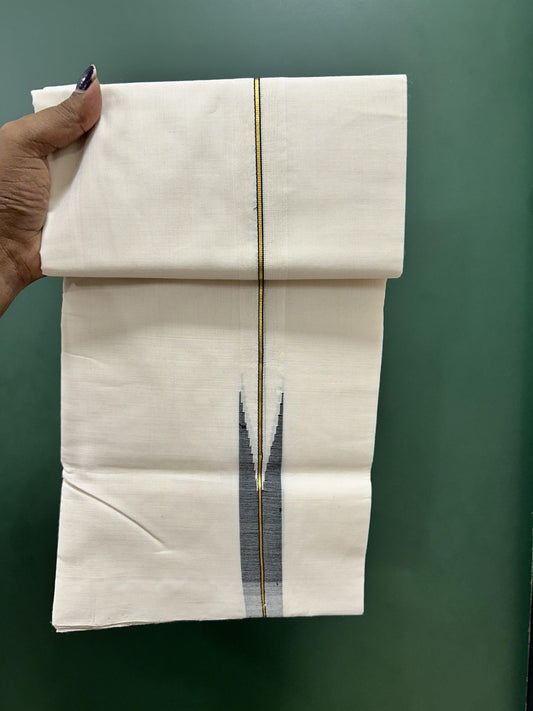 Short Dhoti Special! Double Off White Dhoti 25% Discount! KaithariKada Handloom Unakkupaav - Kerala Handloom - 100% Pure Cotton 100x80- 46 inches Height 1 inch Black Shaded & Gold Kasav Puliyilakkara Chutty 3.60 mtr & 4 mtr (8 muzham)- 8 KK5462 REA
