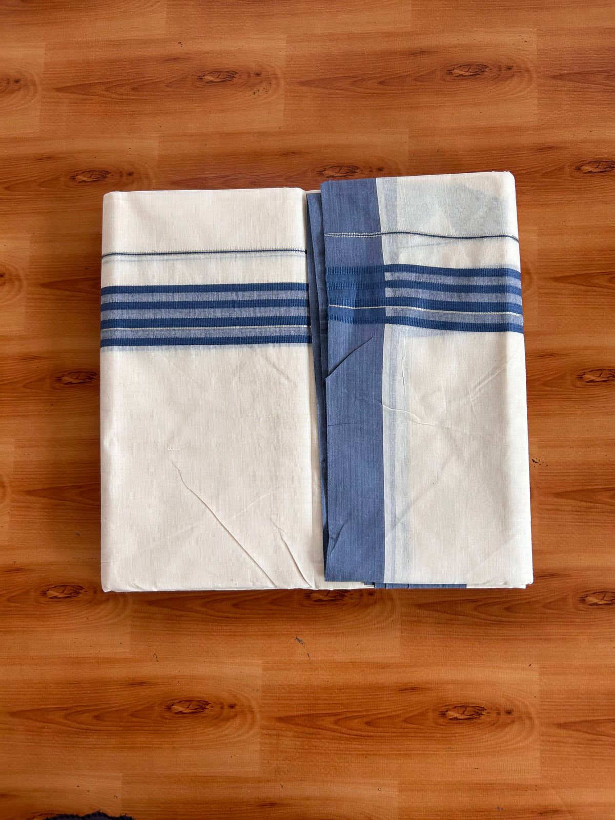 Double Off White (Unbleached) Mundu/Dhoti - 20% Discount! Kaitharikada 100% Pure Cotton - 100x80 - 1.5 inch Silver Kasav & Purssian Blue striped shaded Kara 4 mtr (8.5 muzham) - 23 KK5540 PMC