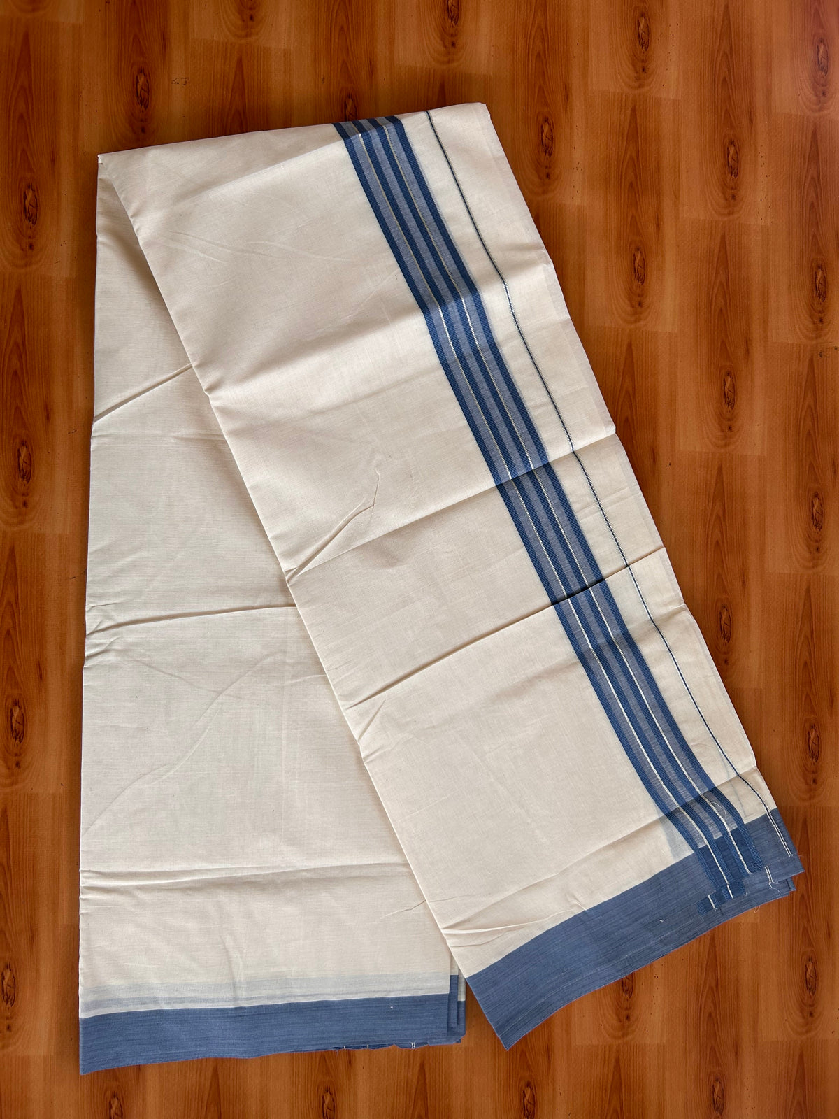Double Off White (Unbleached) Mundu/Dhoti - 20% Discount! Kaitharikada 100% Pure Cotton - 100x80 - 1.5 inch Silver Kasav & Purssian Blue striped shaded Kara 4 mtr (8.5 muzham) - 24 KK5540 PMC
