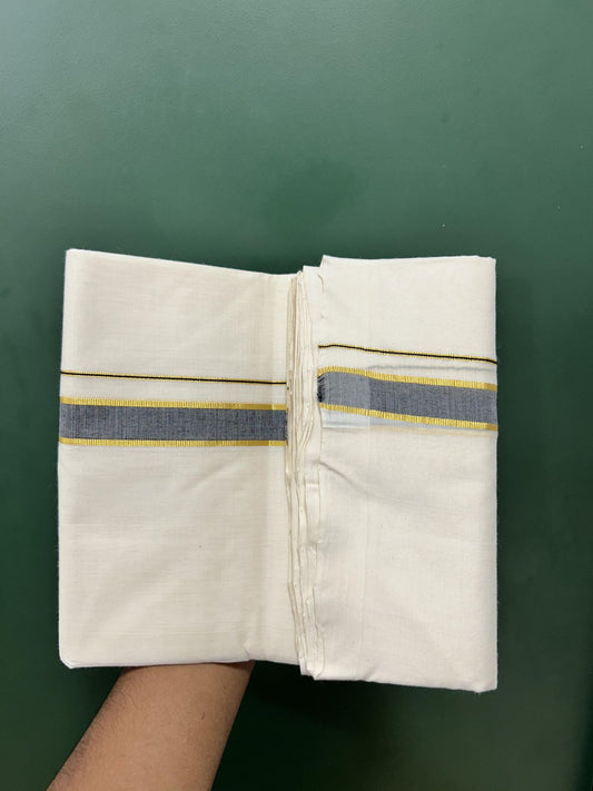 Short Dhoti Special! Double Off White (Unbleached) Mundu/Dhoti 25% Discount!! KaithariKada Handloom Unakkupaav - Kerala Handloom - 100% Pure Cotton 100x80- 46 inches Height 1 inch Black Shaded & Gold Kasav Kara 3.60 mtr (8 muzham) - 4 KK5462 REA