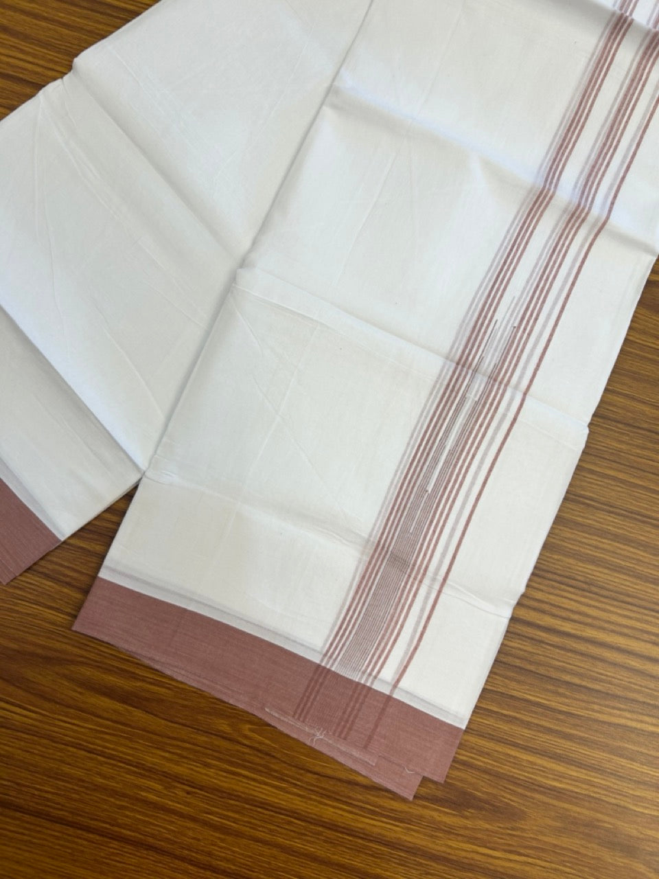 20% Discount ! Kaitharikada Balaramapuram 100% Pure Cotton Double Pure White Mundu/Dhoti - 100x80 - 1.25 inch Dusty Rose striped chutty 3.90 mtr (8.5 muzham) - 72 KK5287 PMC