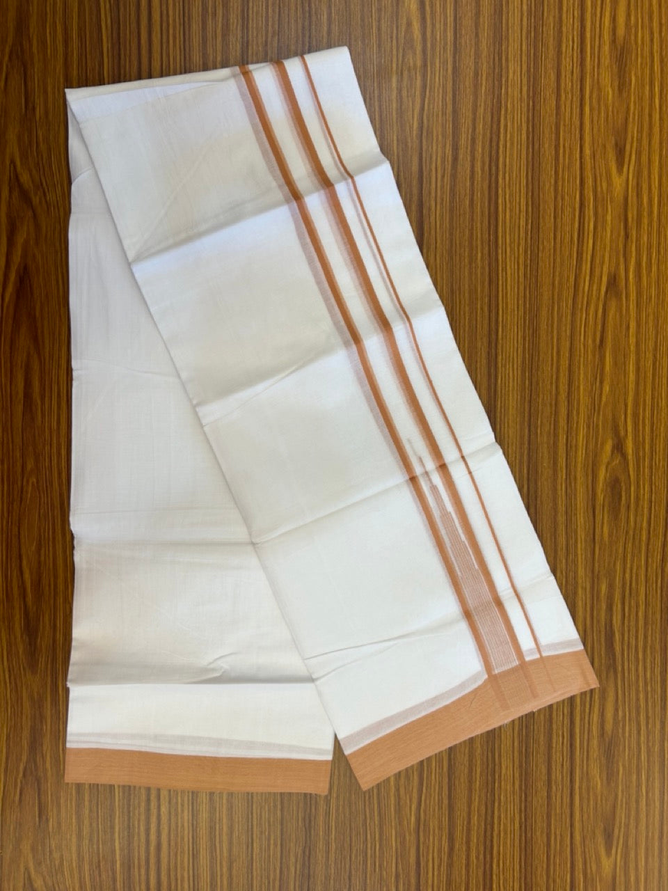 20% Discount ! Kaitharikada Balaramapuram 100% Pure Cotton Double Pure White Mundu/Dhoti - 100x80 - 1.25 inch Peanut Brown striped temple chutty 3.90 mtr (8.5 muzham) - 55 KK5287 PMC