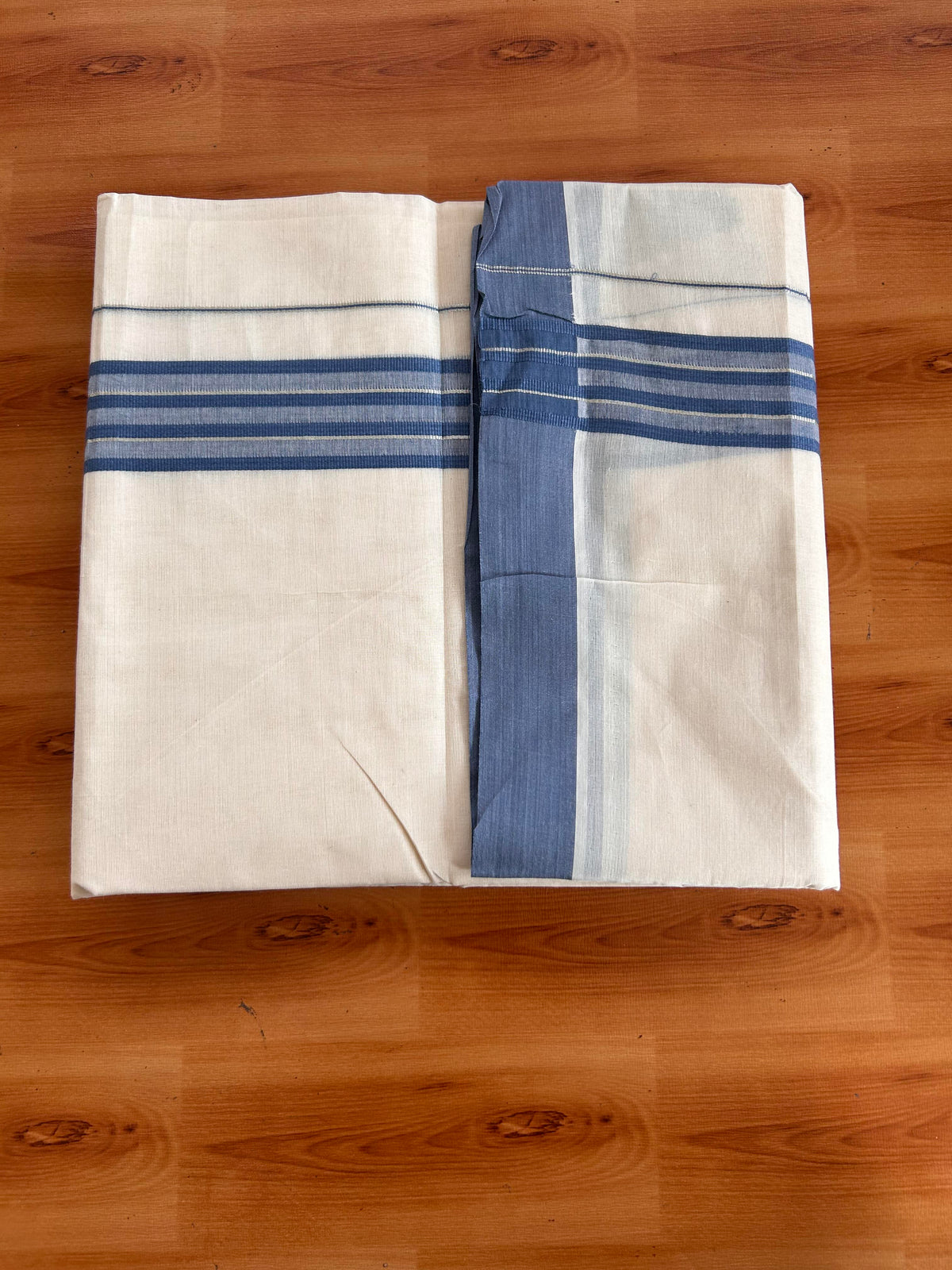 Double Off White (Unbleached) Mundu/Dhoti - 20% Discount! Kaitharikada 100% Pure Cotton - 100x80 - 1.5 inch Silver Kasav & Purssian Blue striped shaded Kara 4 mtr (8.5 muzham) - 24 KK5540 PMC