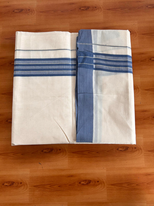 Double Off White (Unbleached) Mundu/Dhoti - 20% Discount! Kaitharikada 100% Pure Cotton - 100x80 - 1.5 inch Silver Kasav & Purssian Blue striped shaded Kara 4 mtr (8.5 muzham) - 24 KK5540 PMC