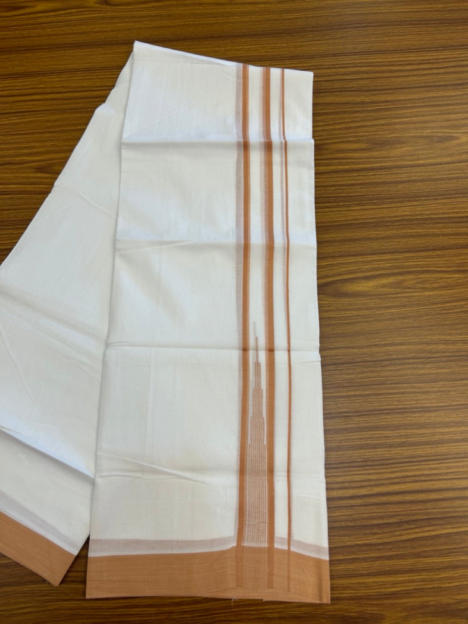 20% Discount ! Kaitharikada Balaramapuram 100% Pure Cotton Double Pure White Mundu/Dhoti - 100x80 - 1.25 inch Peanut Brown striped temple chutty 3.90 mtr (8.5 muzham) - 55 KK5287 PMC