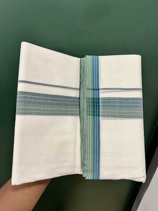 Double Off White (Unbleached) Mundu/Dhoti - 25% Discount! KaithariKada Unakkupaav - Kerala Handloom - 100% Pure Cotton - 100x80 - 1.5 inch Bottle Green & Sage Green Stripe Shaded Kara 3.80 meter (8.5 muzham) - 9 KK5462 REA