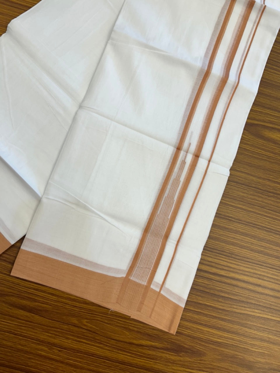 20% Discount ! Kaitharikada Balaramapuram 100% Pure Cotton Double Pure White Mundu/Dhoti - 100x80 - 1.25 inch Peanut Brown striped temple chutty 3.90 mtr (8.5 muzham) - 55 KK5287 PMC