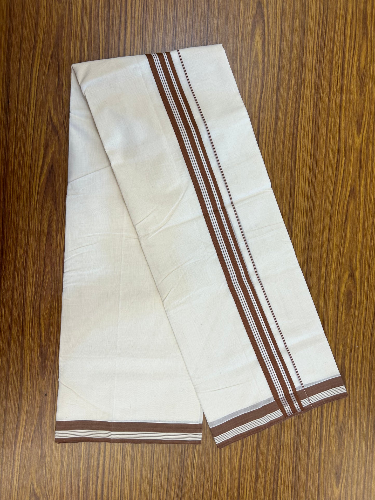 25% Discount!! KaithariKada Handloom Unakkupaav - Kerala Handloom - 100% Pure Cotton Off White (Unbleached) Double Mundu/Dothi - 100x80 - 1.5 inch Brown Stripes Kara 3.80 mtr (8 muzham) - 25 KK5353 REA