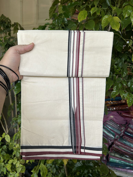 Admk Veshti 20% Discount !! Kaitharikada Balaramapuram Double Off white - (Unbleached) Mundu/Dhoti - 100X100 - 1.25 inch Puliyilakkara Maroon & Black Striped Chutty Kara - 27 KK5323 ASH