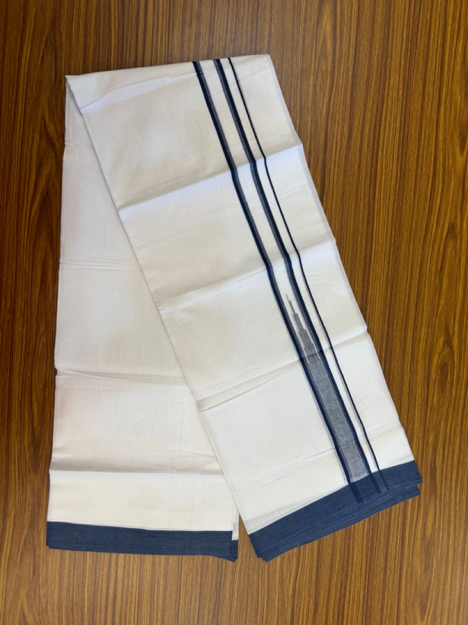 20% Discount ! Kaitharikada Balaramapuram 100% Pure Cotton Double Pure White Mundu/Dhoti - 100x80 - 1.25 inch Peacock Blue striped temple chutty 3.90 mtr (8.5 muzham) - 50 KK5287 PMC
