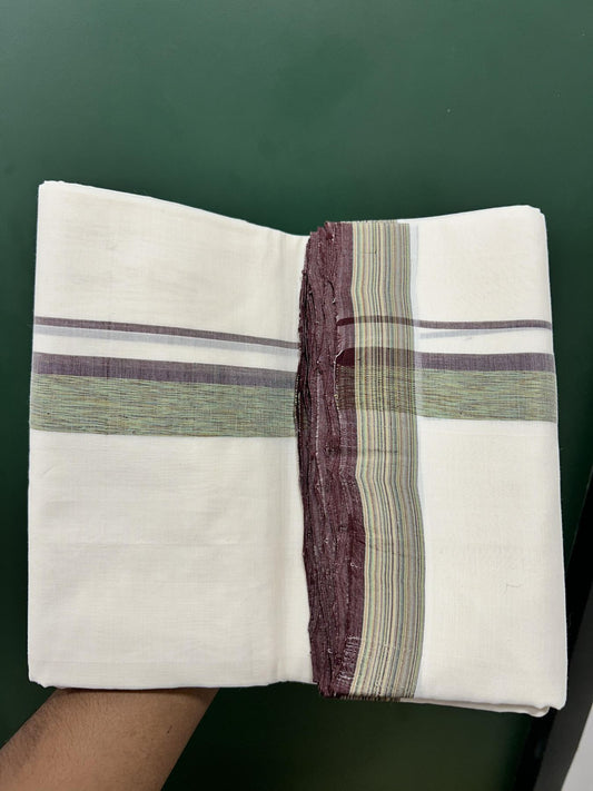Double Off White (Unbleached) Mundu/Dhoti - 25% Discount! KaithariKada Unakkupaav - Kerala Handloom - 100% Pure Cotton - 100x80 - 1.25 inch Brown & Multi Colour Shaded Kara 3.80 meter (8.5 muzham) - 10 KK5462 REA