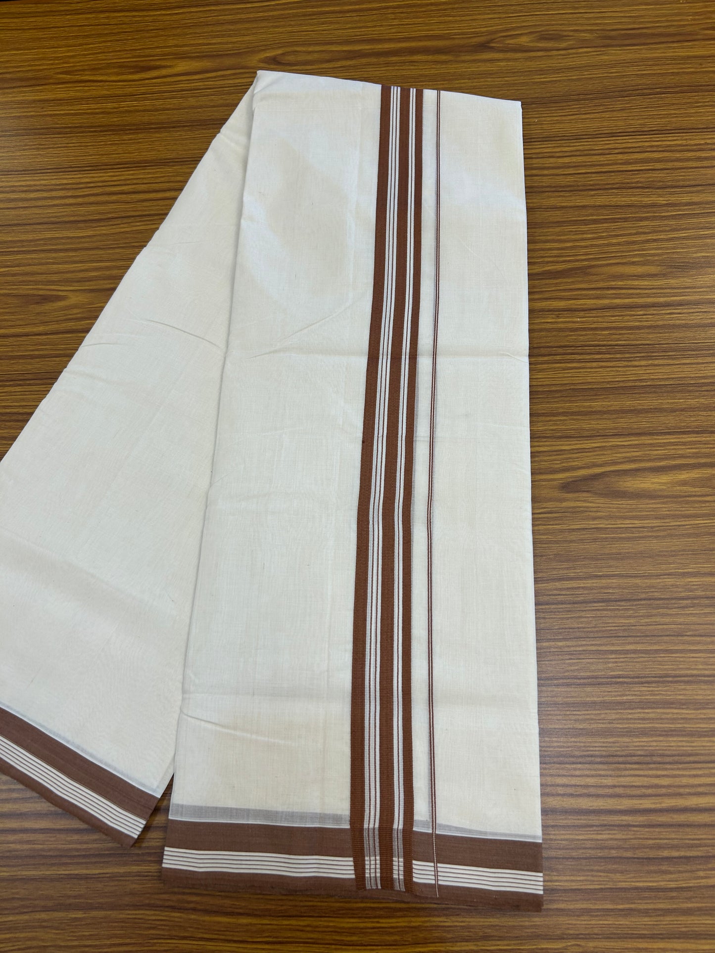 25% Discount!! KaithariKada Handloom Unakkupaav - Kerala Handloom - 100% Pure Cotton Off White (Unbleached) Double Mundu/Dothi - 100x80 - 1.5 inch Brown Stripes Kara 3.80 mtr (8 muzham) - 25 KK5353 REA