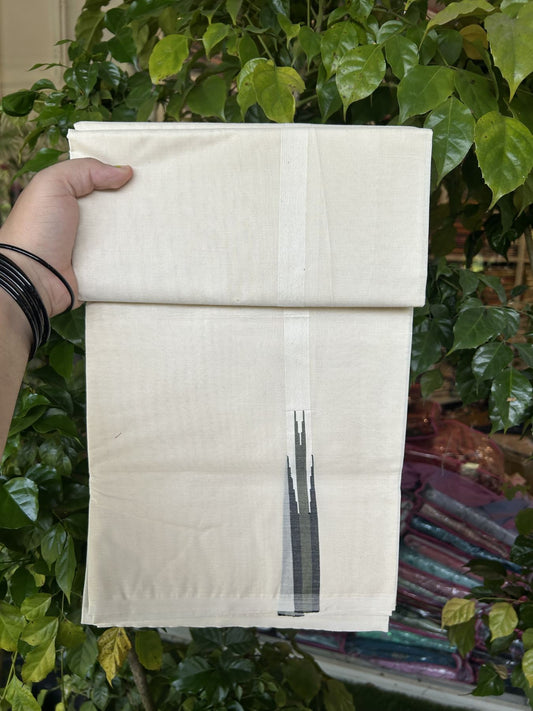20% Discount!! KaithariKada Balaramapuram 100% Cotton Off White Double - (Unbleached) Mundu/Dhoti-100x100 - 0.75 Inch Puliyilakkara Black & Green Big Chutty Kara - 23 KK5323 ASH