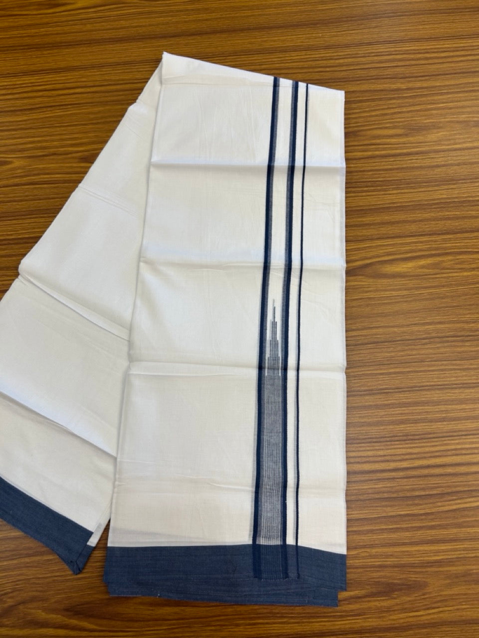 20% Discount ! Kaitharikada Balaramapuram 100% Pure Cotton Double Pure White Mundu/Dhoti - 100x80 - 1.25 inch Peacock Blue striped temple chutty 3.90 mtr (8.5 muzham) - 50 KK5287 PMC