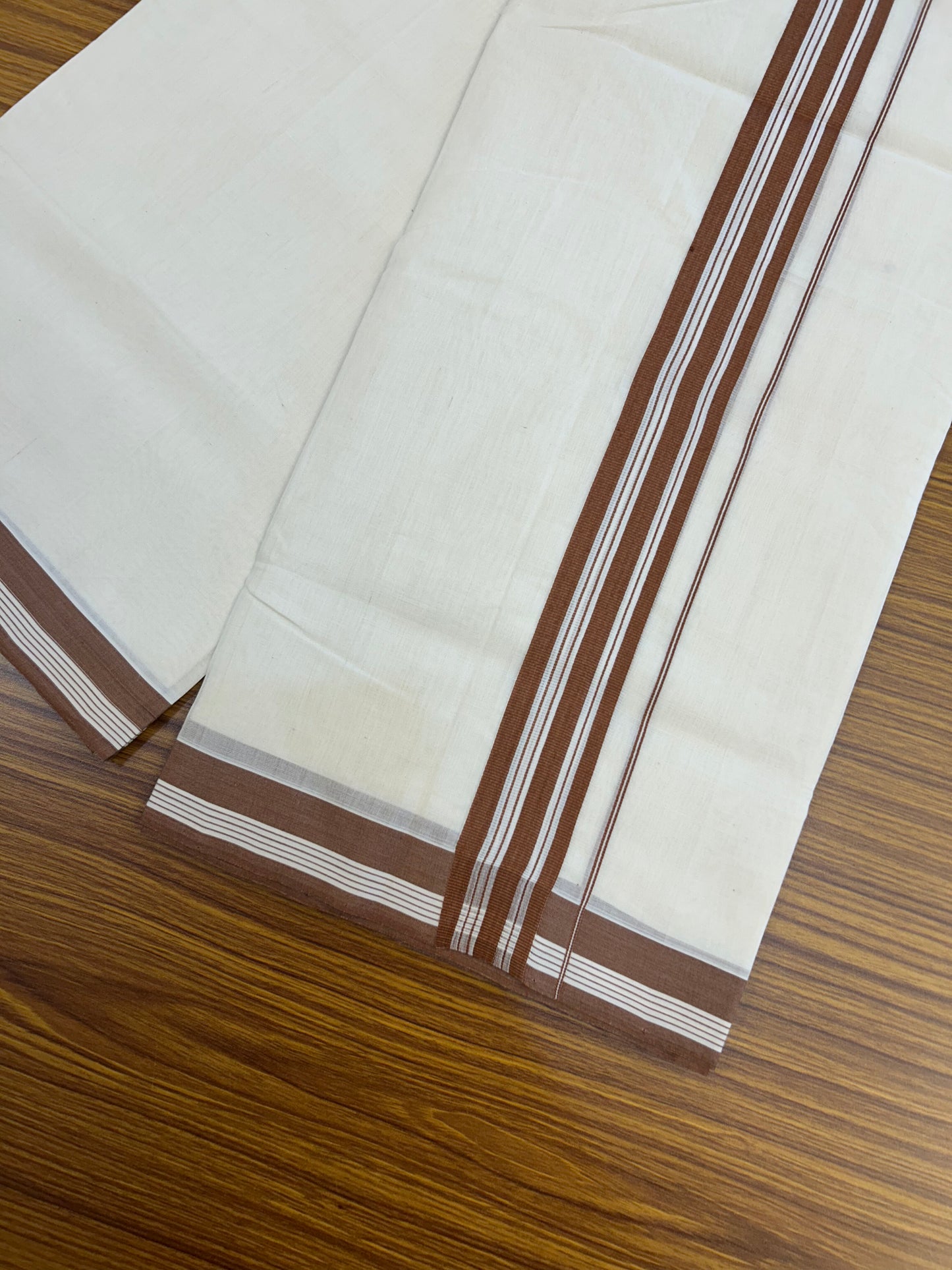25% Discount!! KaithariKada Handloom Unakkupaav - Kerala Handloom - 100% Pure Cotton Off White (Unbleached) Double Mundu/Dothi - 100x80 - 1.5 inch Brown Stripes Kara 3.80 mtr (8 muzham) - 25 KK5353 REA