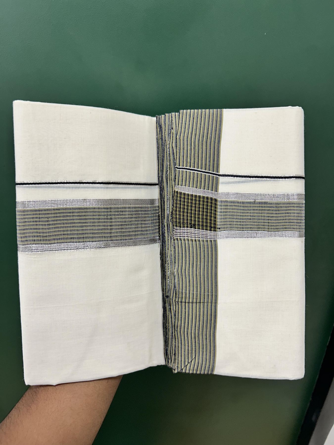 Double Off White (Unbleached) Mundu/Dhoti - 25% Discount! KaithariKada Unakkupaav - Kerala Handloom - 100% Pure Cotton - 100x80 - 1.5 inch Yellowish Brown & Black Silver Kasav Striped Shaded Kara 3.80 meter (8.5 muzham) - 11 KK5462 REA