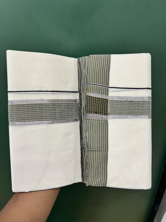Double Off White (Unbleached) Mundu/Dhoti - 25% Discount! KaithariKada Unakkupaav - Kerala Handloom - 100% Pure Cotton - 100x80 - 1.5 inch Yellowish Brown & Black Silver Kasav Striped Shaded Kara 3.80 meter (8.5 muzham) - 11 KK5462 REA