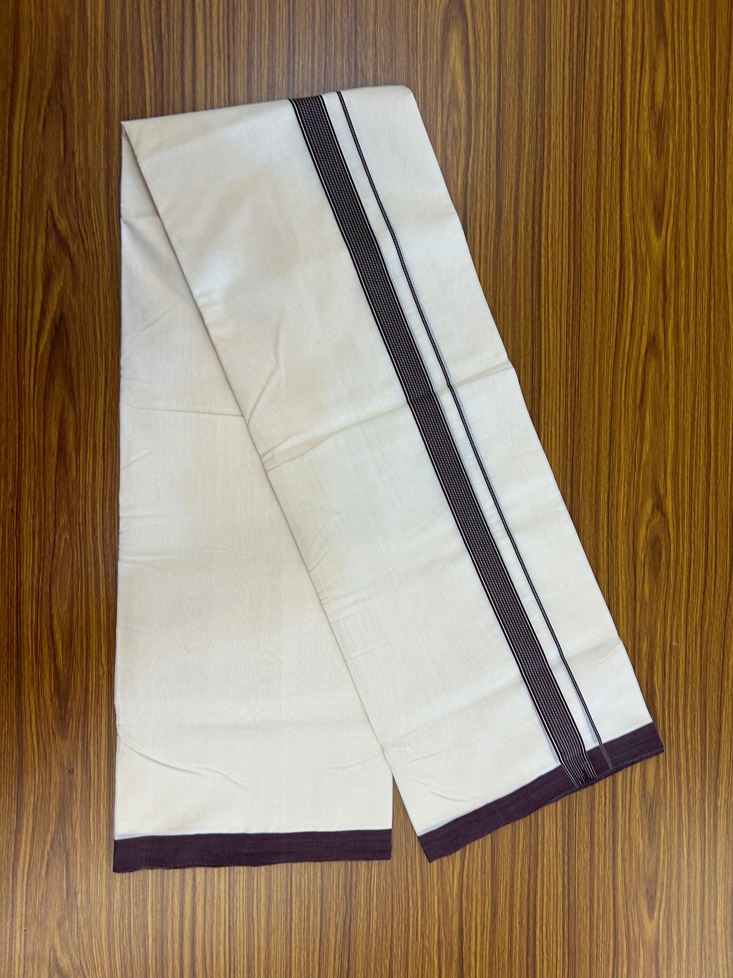 25% Discount!! KaithariKada Handloom Unakkupaav - Kerala Handloom - 100% Pure Cotton Off White (Unbleached) Double Mundu/Dothi - 100x80 - 1 inch Wine Purple Stripes Kara 3.80 mtr (8 muzham) - 27 KK5353 REA