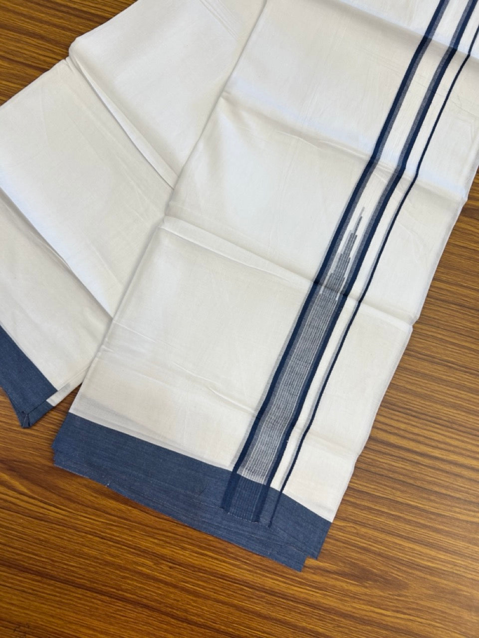 20% Discount ! Kaitharikada Balaramapuram 100% Pure Cotton Double Pure White Mundu/Dhoti - 100x80 - 1.25 inch Peacock Blue striped temple chutty 3.90 mtr (8.5 muzham) - 50 KK5287 PMC