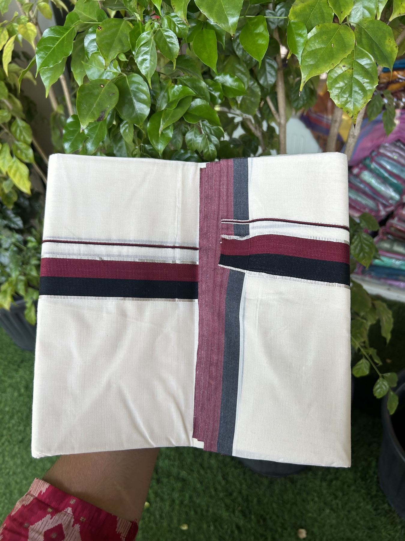 Dmk Veshti - 20% Discount! Kaitharikada 100% Cotton Off White Double - (Unbleached) Mund/Dhoti - 100X100 - 1.5 inch Silver Kasav & Black Maroon kara - 25 KK5323 ASH