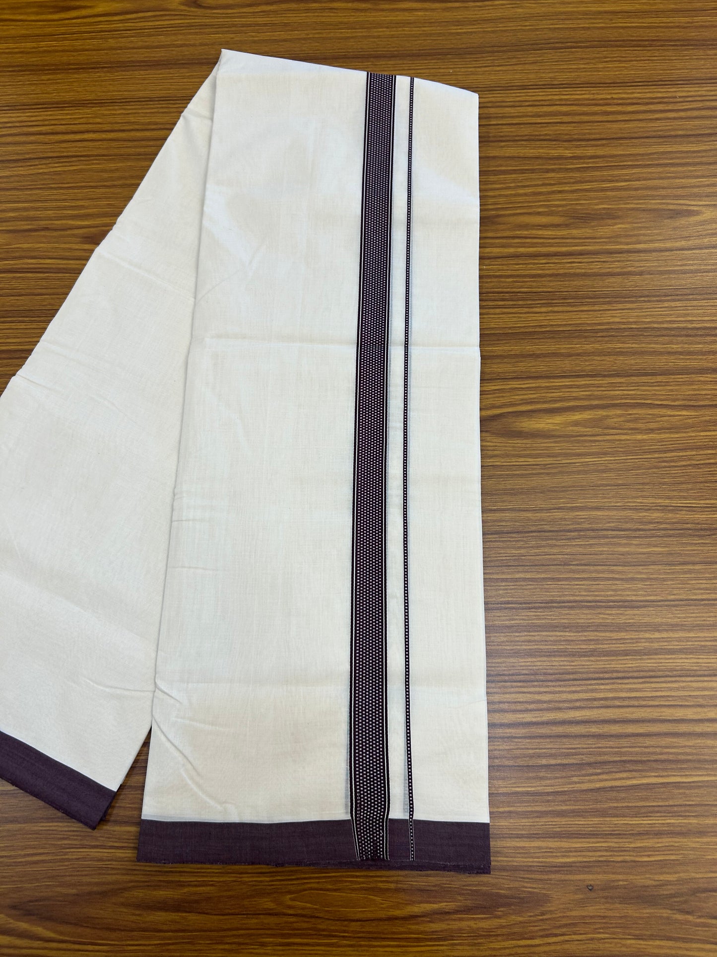 25% Discount!! KaithariKada Handloom Unakkupaav - Kerala Handloom - 100% Pure Cotton Off White (Unbleached) Double Mundu/Dothi - 100x80 - 1 inch Wine Purple Stripes Kara 3.80 mtr (8 muzham) - 27 KK5353 REA