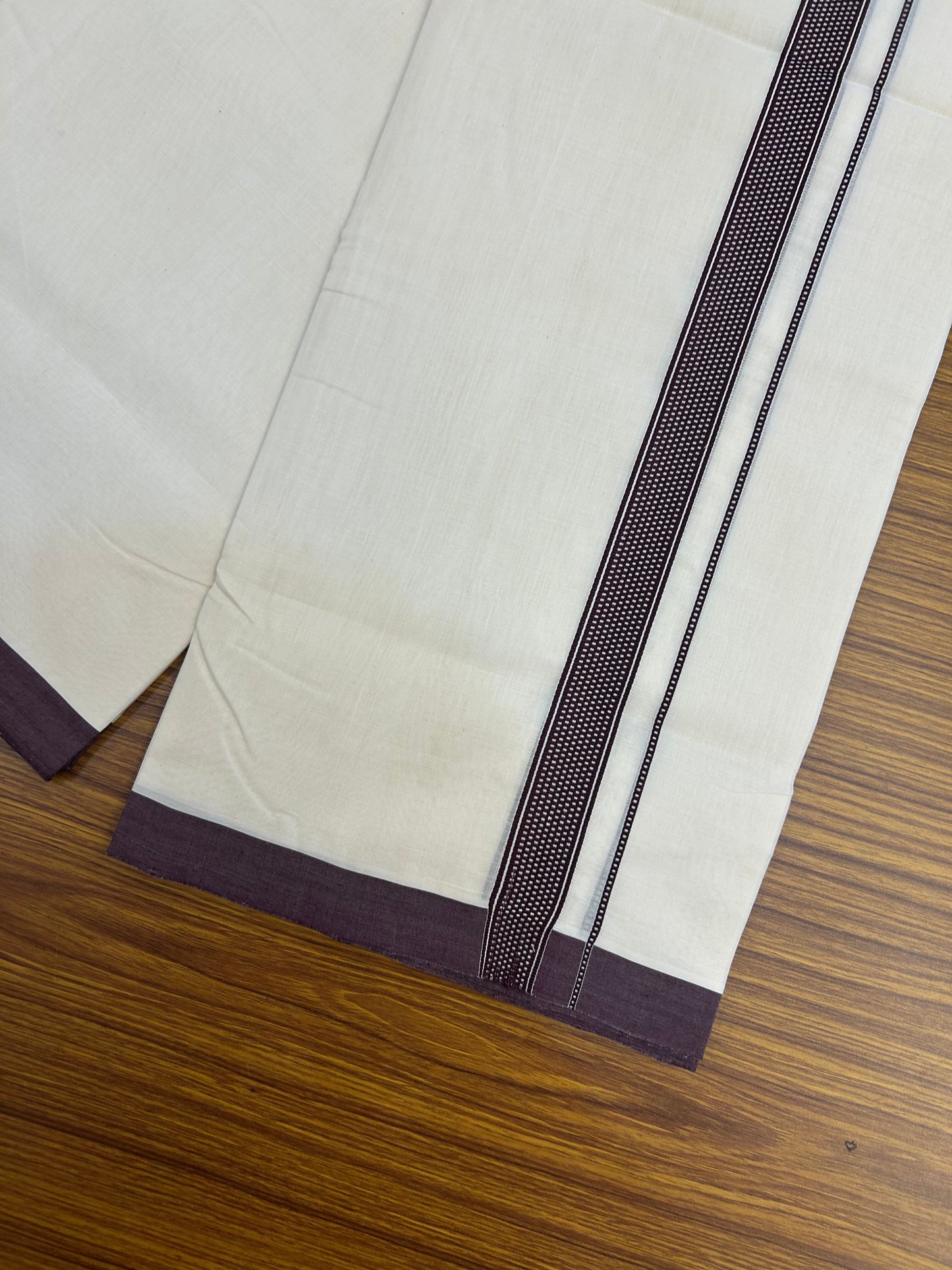 25% Discount!! KaithariKada Handloom Unakkupaav - Kerala Handloom - 100% Pure Cotton Off White (Unbleached) Double Mundu/Dothi - 100x80 - 1 inch Wine Purple Stripes Kara 3.80 mtr (8 muzham) - 27 KK5353 REA