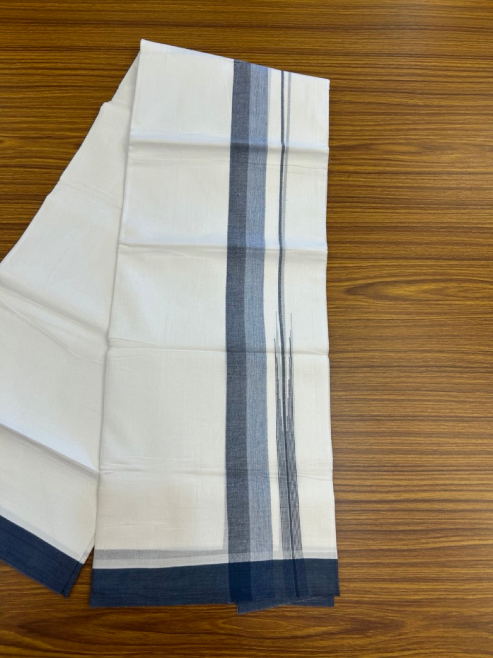 20% Discount ! Kaitharikada Balaramapuram 100% Pure Cotton Double Pure White Mundu/Dhoti - 100x80 - 1.5 inch Peacock Blue shaded striped chutty 3.90 mtr (8.5 muzham) - 80 KK5287 PMC