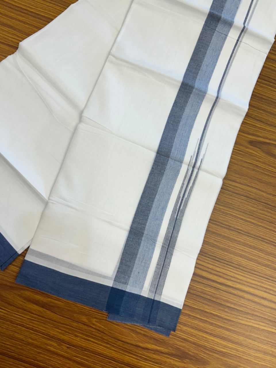 20% Discount ! Kaitharikada Balaramapuram 100% Pure Cotton Double Pure White Mundu/Dhoti - 100x80 - 1.5 inch Peacock Blue shaded striped chutty 3.90 mtr (8.5 muzham) - 80 KK5287 PMC