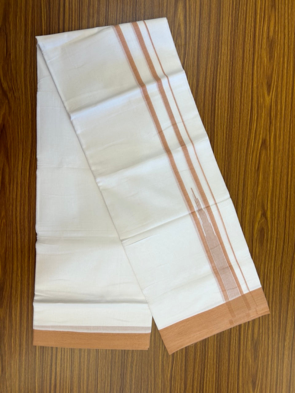 20% Discount ! Kaitharikada Balaramapuram 100% Pure Cotton Double Pure White Mundu/Dhoti - 100x80 - 1.5 inch Peanut Brown shaded striped temple chutty 3.90 mtr (8.5 muzham) - 58 KK5287 PMC