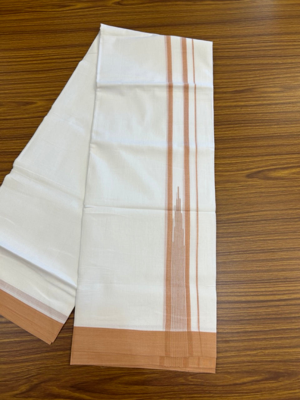 20% Discount ! Kaitharikada Balaramapuram 100% Pure Cotton Double Pure White Mundu/Dhoti - 100x80 - 1.5 inch Peanut Brown shaded striped temple chutty 3.90 mtr (8.5 muzham) - 58 KK5287 PMC