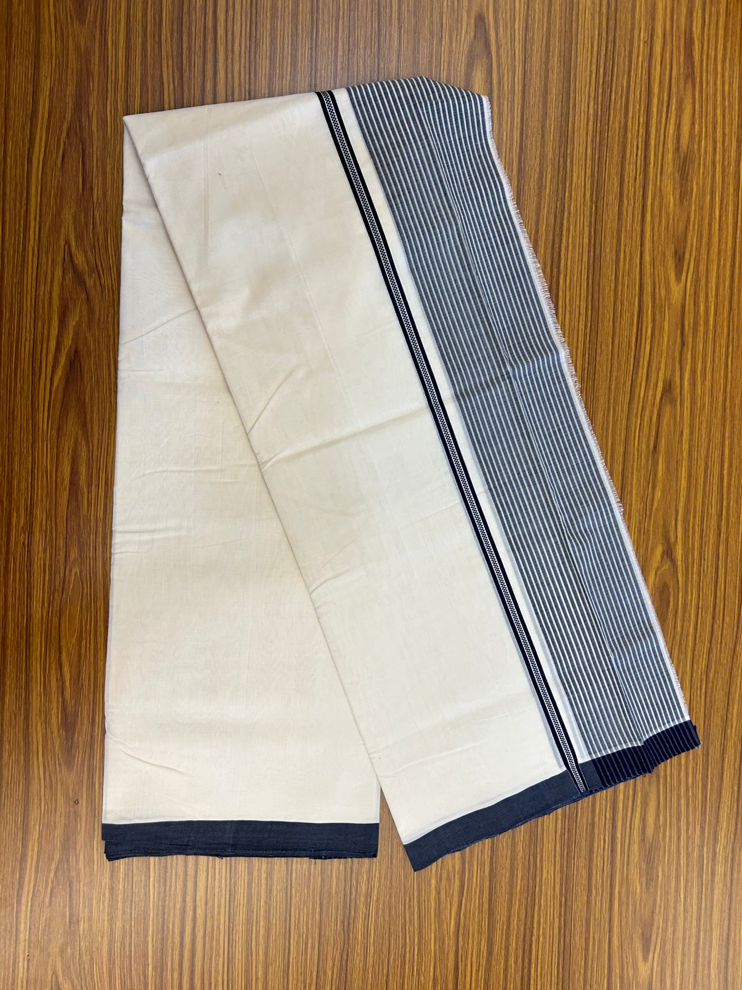 25% Discount!! KaithariKada Handloom Unakkupaav - Kerala Handloom - 100% Pure Cotton Off White (Unbleached) Double Mundu/Dothi - 100x80 - 4 inch Navy Blue Stripes Kara 3.80 mtr (8 muzham) - 18 KK5353 REA