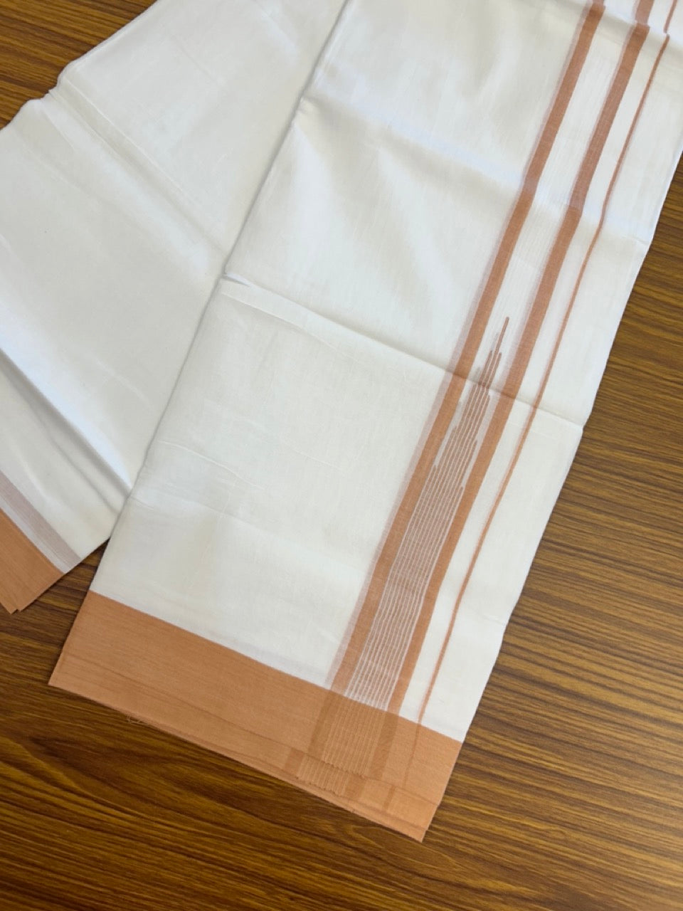 20% Discount ! Kaitharikada Balaramapuram 100% Pure Cotton Double Pure White Mundu/Dhoti - 100x80 - 1.5 inch Peanut Brown shaded striped temple chutty 3.90 mtr (8.5 muzham) - 58 KK5287 PMC