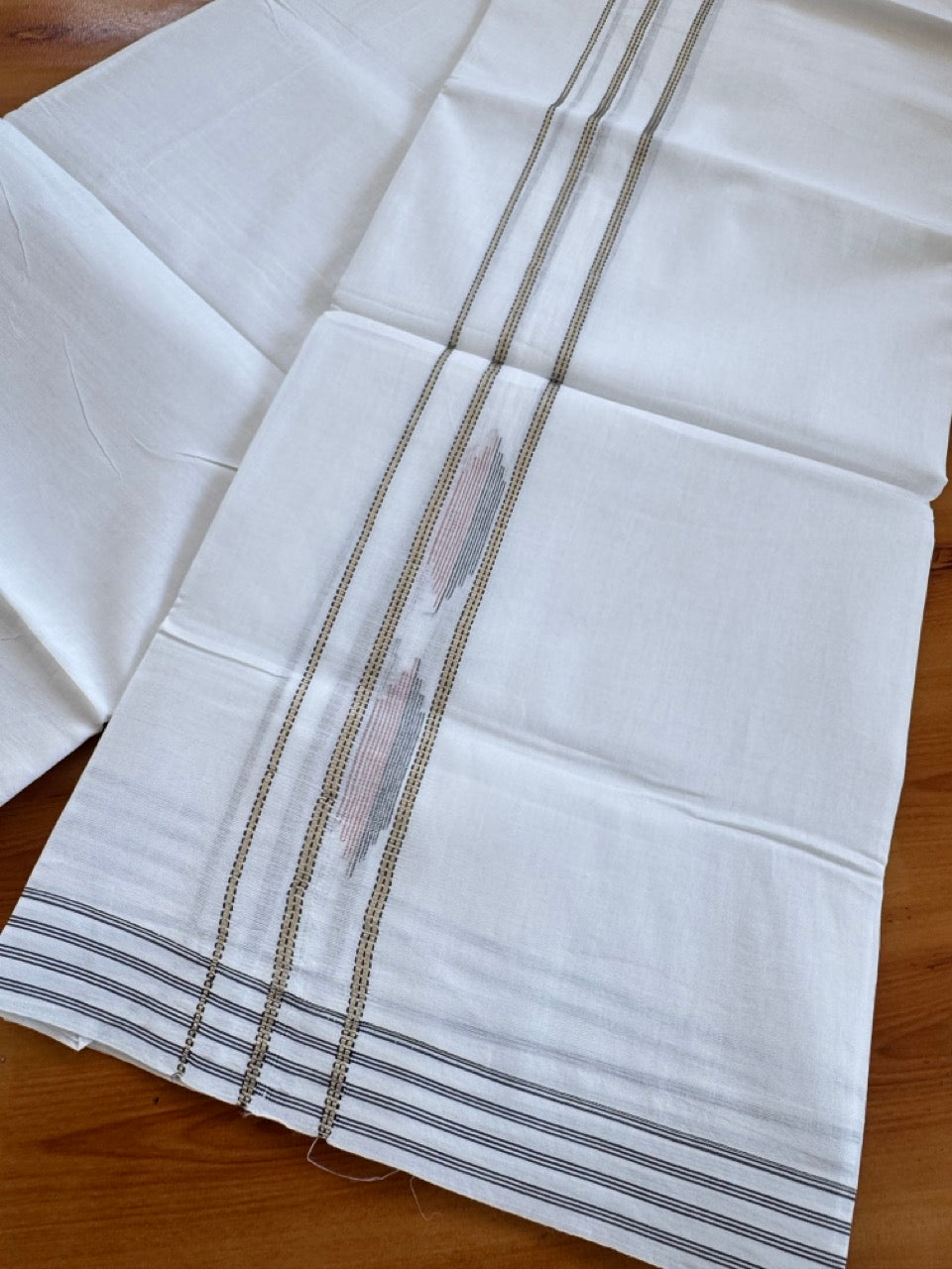Double Pure White Mundu/Dhoti - 20% Discount !! KaithariKada Balaramapuram 100% Cotton - 100x80 - 1 inch Silver Kasav Dusty Peach & Black Design Kara 3.90 mtr (8 muzham) - 19 KK5505 VAS