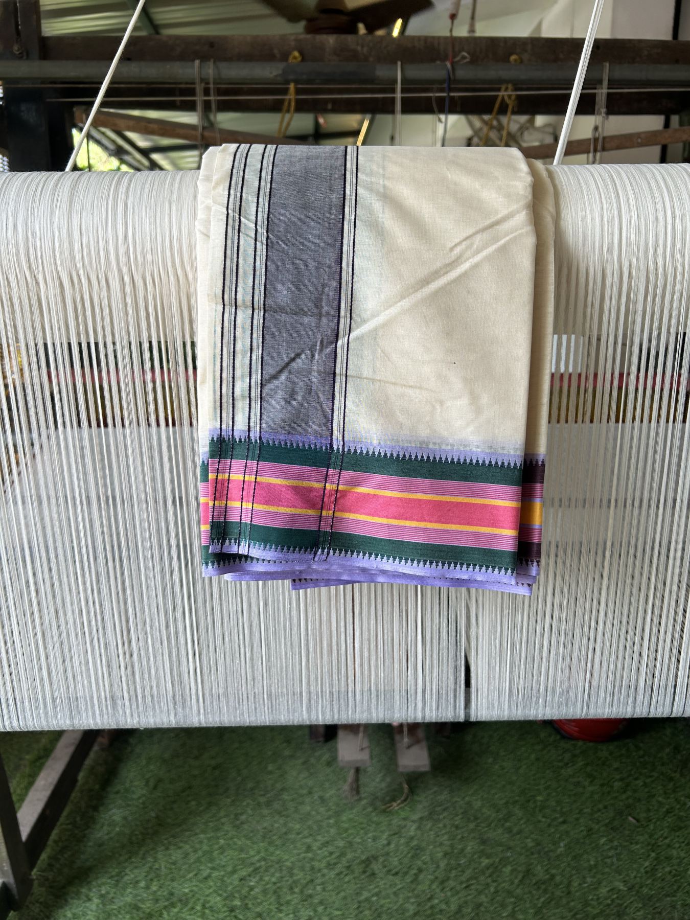 Panchakacham Dhoti - 20% Discount! KaithariKada 100% Cotton Off White - (Unbleached) - Pure Cotton -100x100 thread - North Indian - Attached Gamcha 9X5 Dhoti Violet Green kara with Brown Green Pink & Orange Striped border - 11 KK5325 PMC