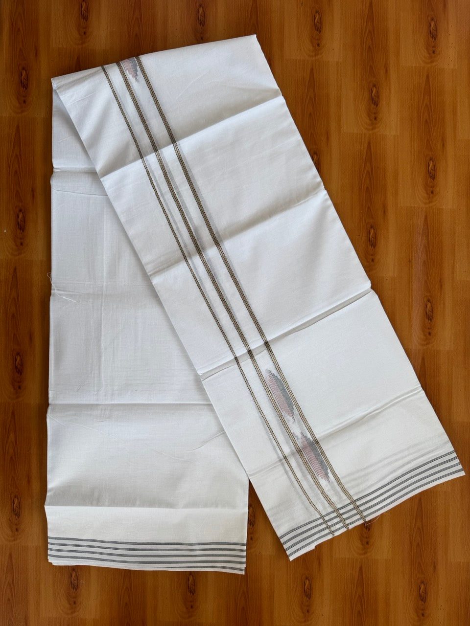 Double Pure White Mundu/Dhoti - 20% Discount !! KaithariKada Balaramapuram 100% Cotton - 100x80 - 1 inch Silver Kasav Dusty Peach & Black Design Kara 3.90 mtr (8 muzham) - 19 KK5505 VAS