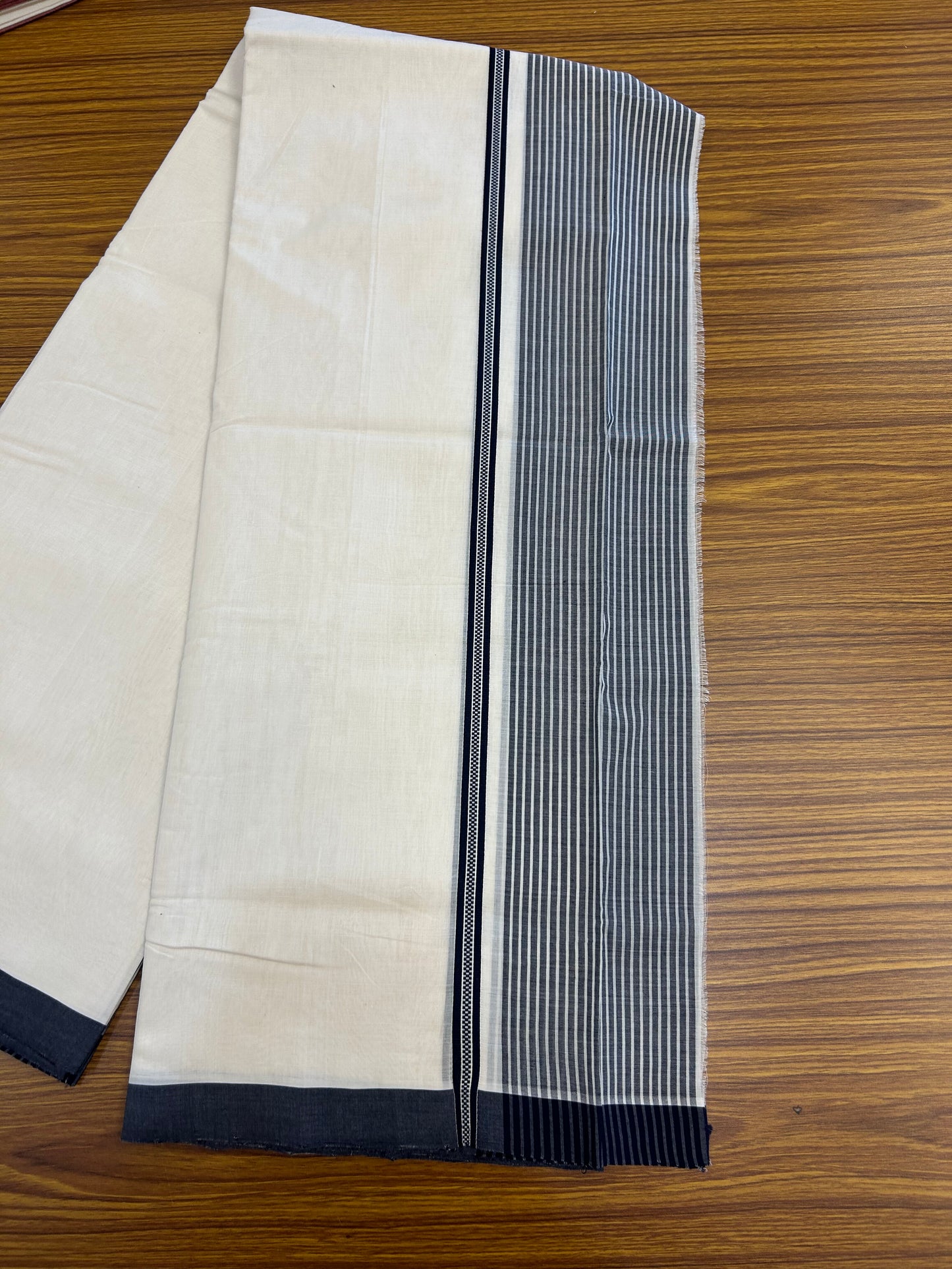 25% Discount!! KaithariKada Handloom Unakkupaav - Kerala Handloom - 100% Pure Cotton Off White (Unbleached) Double Mundu/Dothi - 100x80 - 4 inch Navy Blue Stripes Kara 3.80 mtr (8 muzham) - 18 KK5353 REA