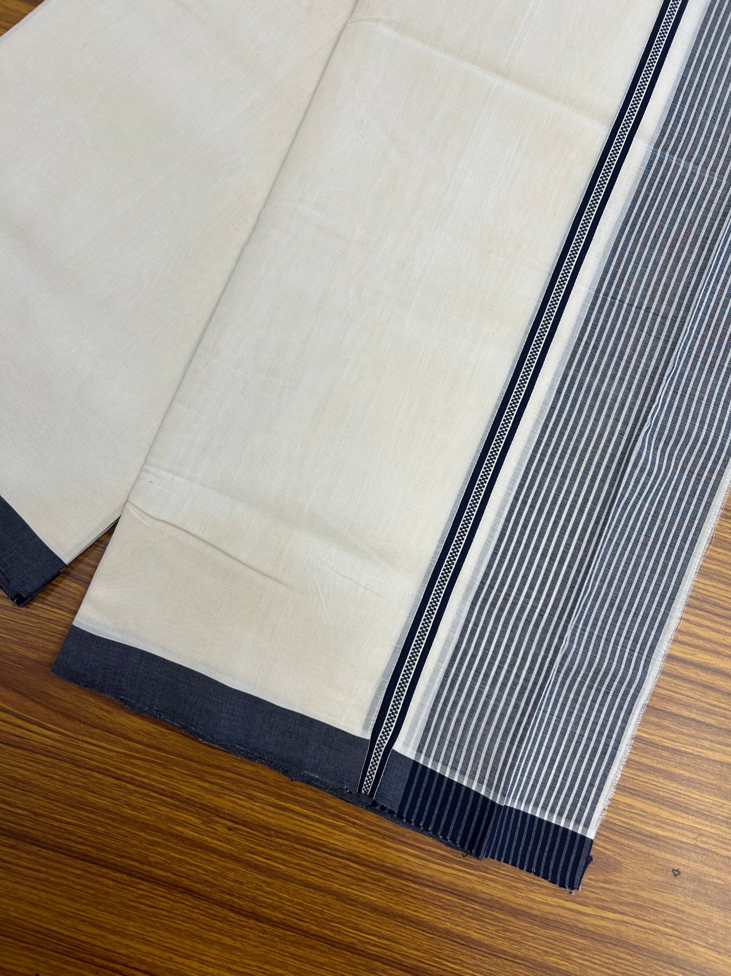 25% Discount!! KaithariKada Handloom Unakkupaav - Kerala Handloom - 100% Pure Cotton Off White (Unbleached) Double Mundu/Dothi - 100x80 - 4 inch Navy Blue Stripes Kara 3.80 mtr (8 muzham) - 18 KK5353 REA