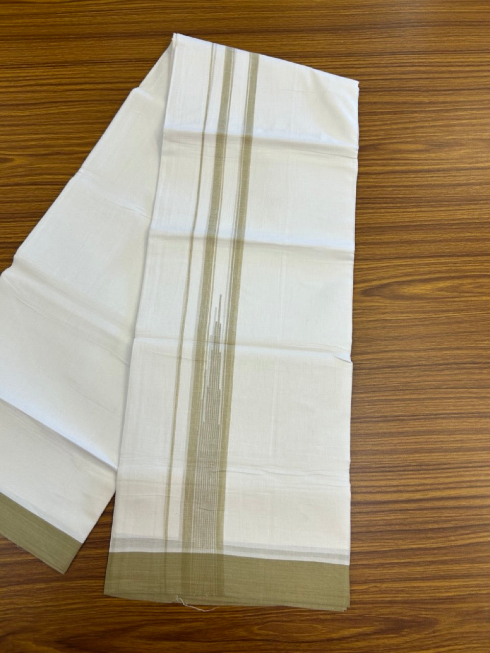 20% Discount ! Kaitharikada Balaramapuram 100% Pure Cotton Double Pure White Mundu/Dhoti - 100x80 - 1.5 inch Pastel Olive Green shaded striped temple chutty 3.90 mtr (8.5 muzham) - 60 KK5287 PMC