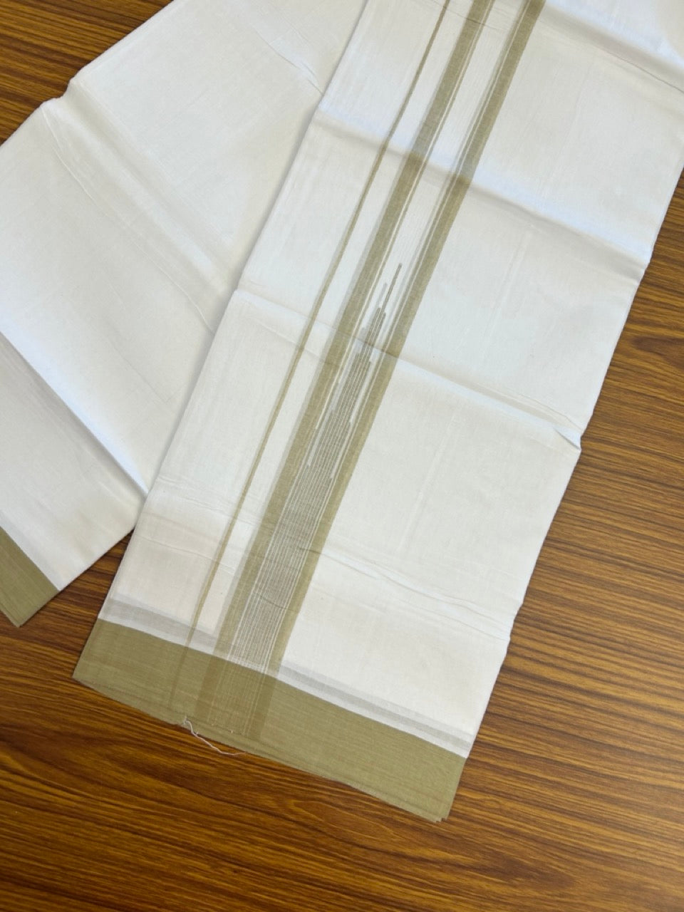 20% Discount ! Kaitharikada Balaramapuram 100% Pure Cotton Double Pure White Mundu/Dhoti - 100x80 - 1.5 inch Pastel Olive Green shaded striped temple chutty 3.90 mtr (8.5 muzham) - 60 KK5287 PMC