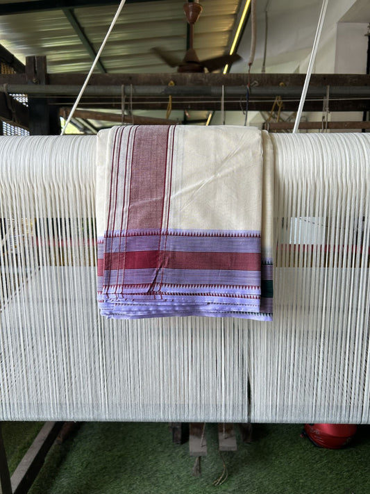 Panchakacham Dhoti - 20% Discount! KaithariKada 100% Cotton Off White - (Unbleached) - Pure Cotton -100x100 thread - North Indian - Attached Gamcha 9X5 Dhoti Brown kara with Green Lavender & Brown Striped border - 12 KK5325 PMC