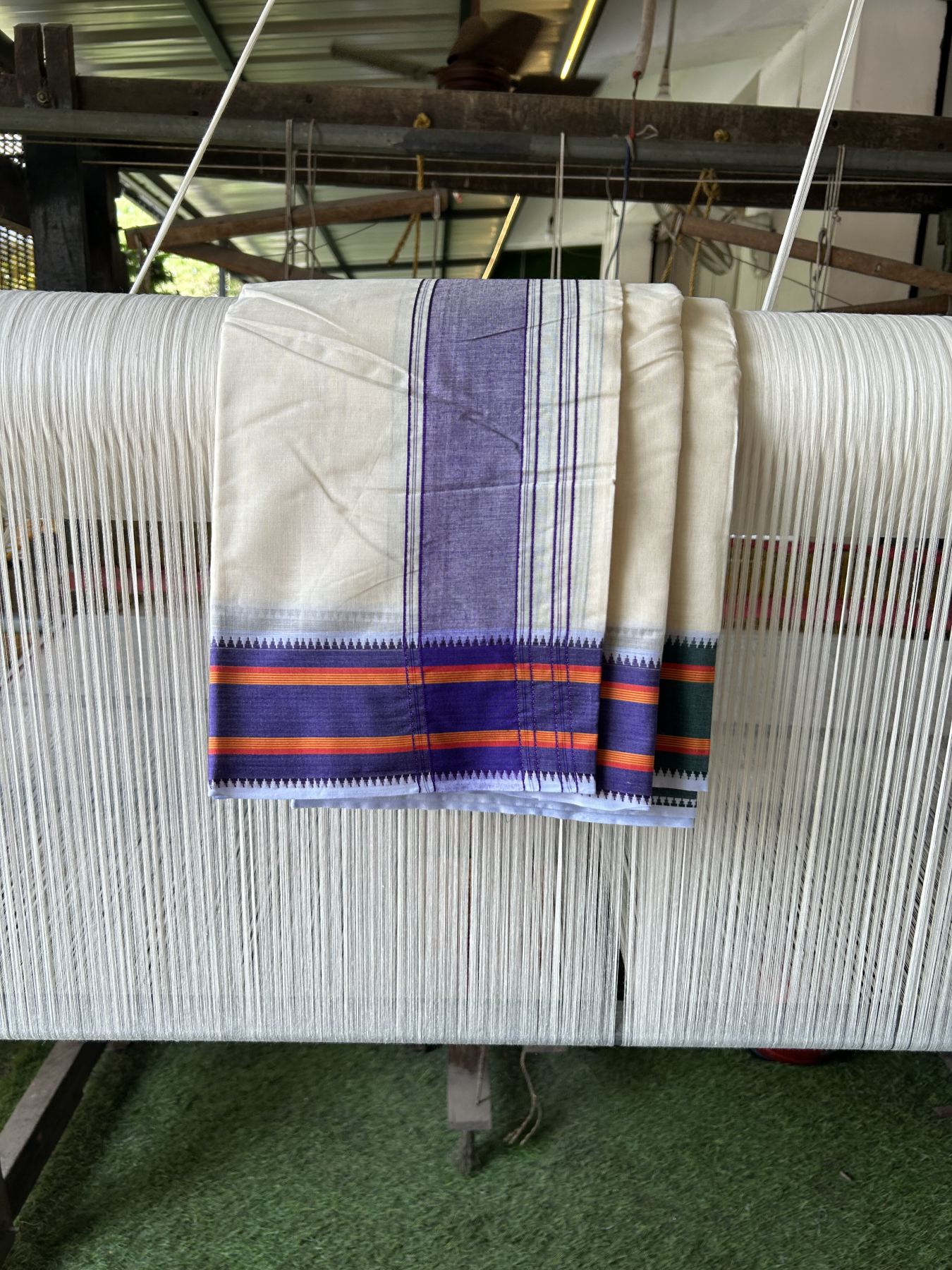 Panchakacham Dhoti - 20% Discount! KaithariKada 100% Cotton Off White - (Unbleached) - Pure Cotton -100x100 thread - North Indian - Attached Gamcha 9X5 Dhoti Violet Green kara with Green Orange & Violet Striped border - 13 KK5325 PMC
